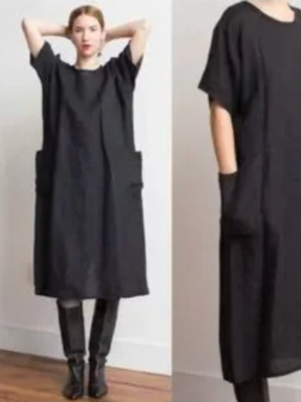 Flax Linen Pocket Market Midi Dress Black Lagenlook, roomy size small